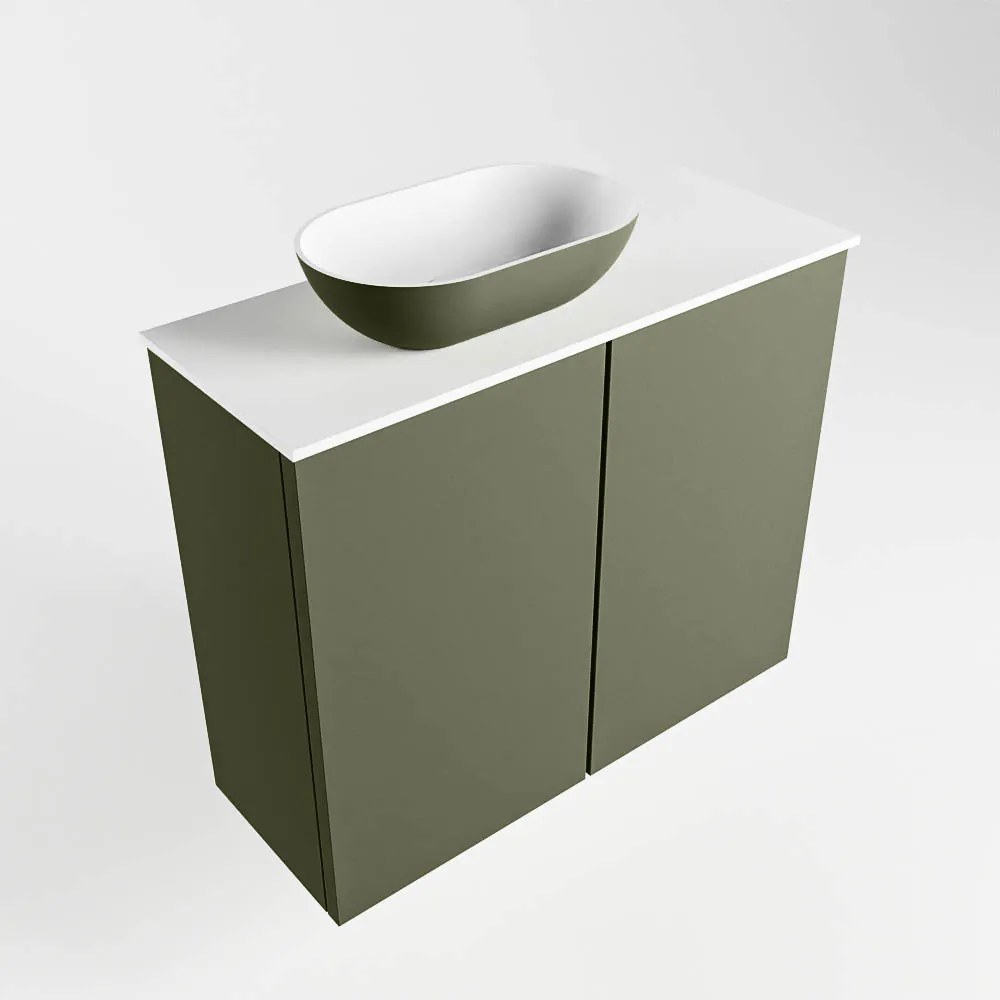 Mondiaz Fowy toiletmeubel 60cm army met legergroene waskom links en kraangat