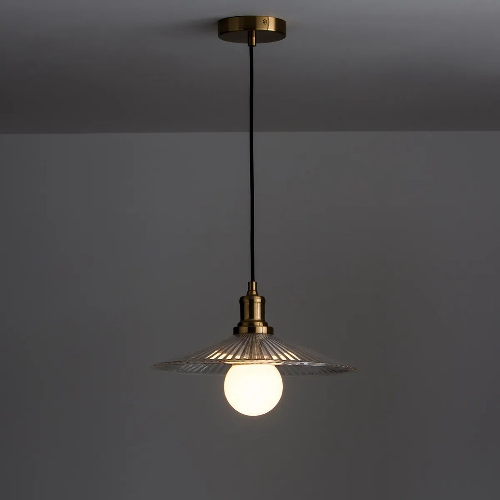 Hanglamp in messing en geribbeld glasØ35,5 cm, Iloa