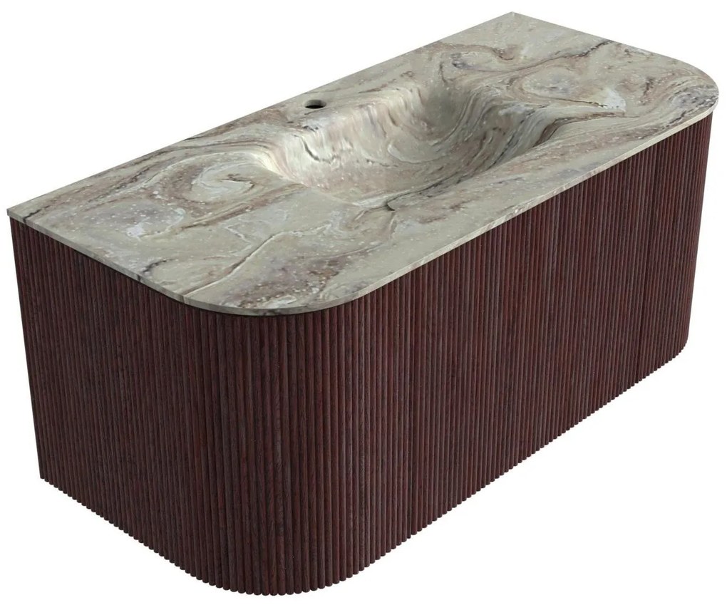 Mondiaz Kurve-dlux 100cm badmeubel ronding links/rechts ruby met 1 lade en 2 deuren en wastafel grunne midden 1 kraangat glace