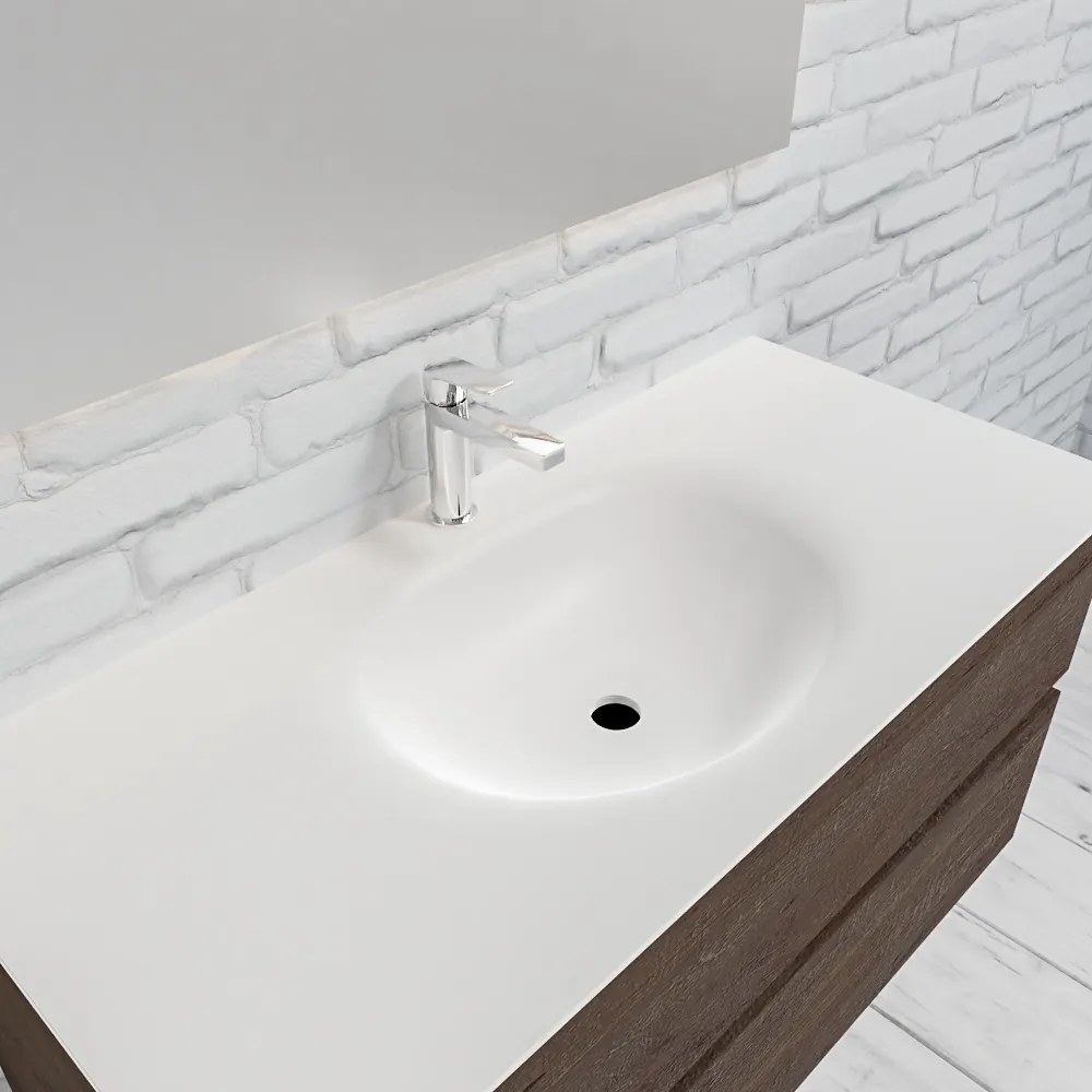 Zaro Sevilla Solid Surface badmeubel 100cm donker eiken 1 kraangat spoelbak midden met 2 lades