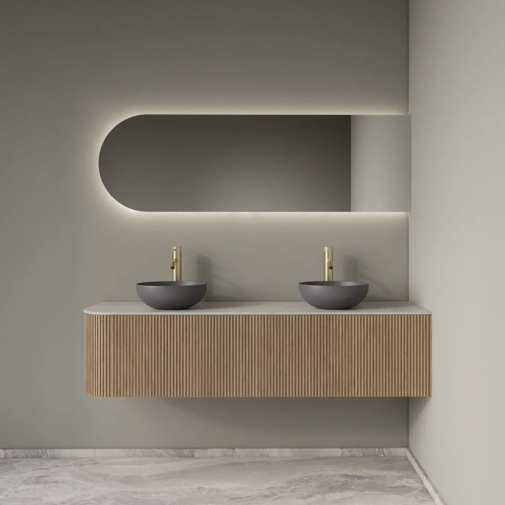 Gliss Design Alluro badmeubel ribbelfront met ronding links 160cm mist en wit marmer toppaneel