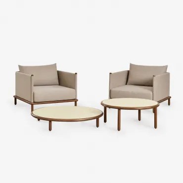 Woonkamerset Met 2 Fauteuils En 2 Ronde Salontafels Van Acaciahout Olivia Beige - Semoline & Donker Acaciabruin - Sklum