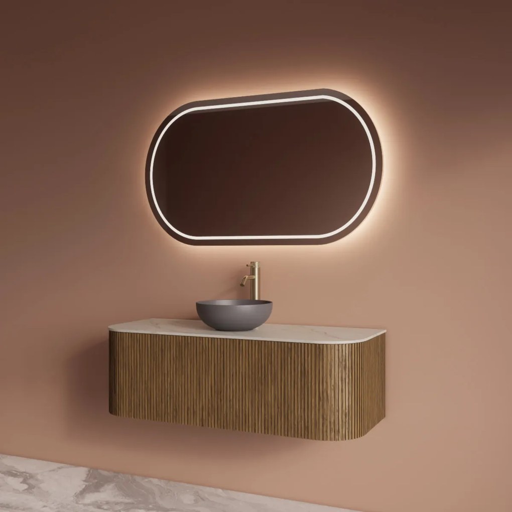 Gliss Design Alluro badmeubel ribbelfront met ronding links/rechts 120cm castle brown en wit marmer toppaneel