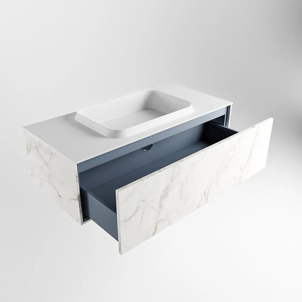 Mondiaz Erin 100cm badmeubel Carrara met 1 lade en witte wastafel midden zonder kraangaten