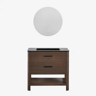 Badmeubelset 90x50 Cm Van Hout Met Geïntegreerde Wastafel Misene Zonder Kraan & Round Led And Antifog Ø70 Cm Riben & Donker Hout - Sklum