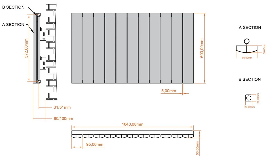 Eastbrook Tordino radiator 105x60cm aluminium 1129W zwart mat