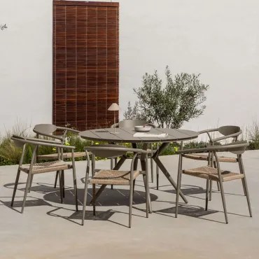 Valerie Ronde Aluminium Tafelset (ø125 Cm) En 6 Tuinstoelen Met Armleuningen In Aluminium En Synthetisch Rotan Marsha Moka Bruin - Sklum