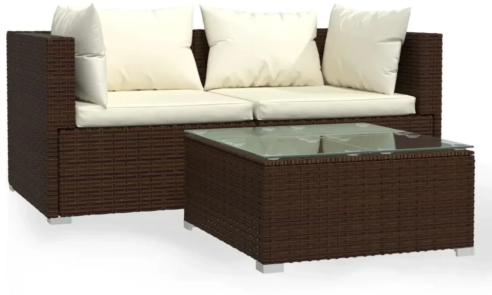 vidaXL 3-delige Loungeset met kussens poly rattan bruin