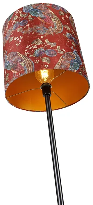 Stoffen Vloerlamp zwart kap pauw dessin rood 40 cm - Simplo Modern E27 Binnenverlichting Lamp