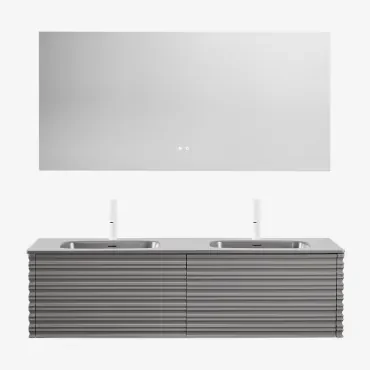 Noura Houten Badkamermeubelset Met Geïntegreerde Wastafels Grijs – Nikkel & Rectangular Led And Antifog 160x75 Cm Jorvi & 2 X - Sklum