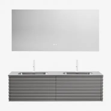 Noura Zwevend Houten Badkamermeubelset Met Geïntegreerde Wastafels Grijs – Nikkel & Rectangular Led And Antifog 160x75 Cm Riben & 2 - Sklum
