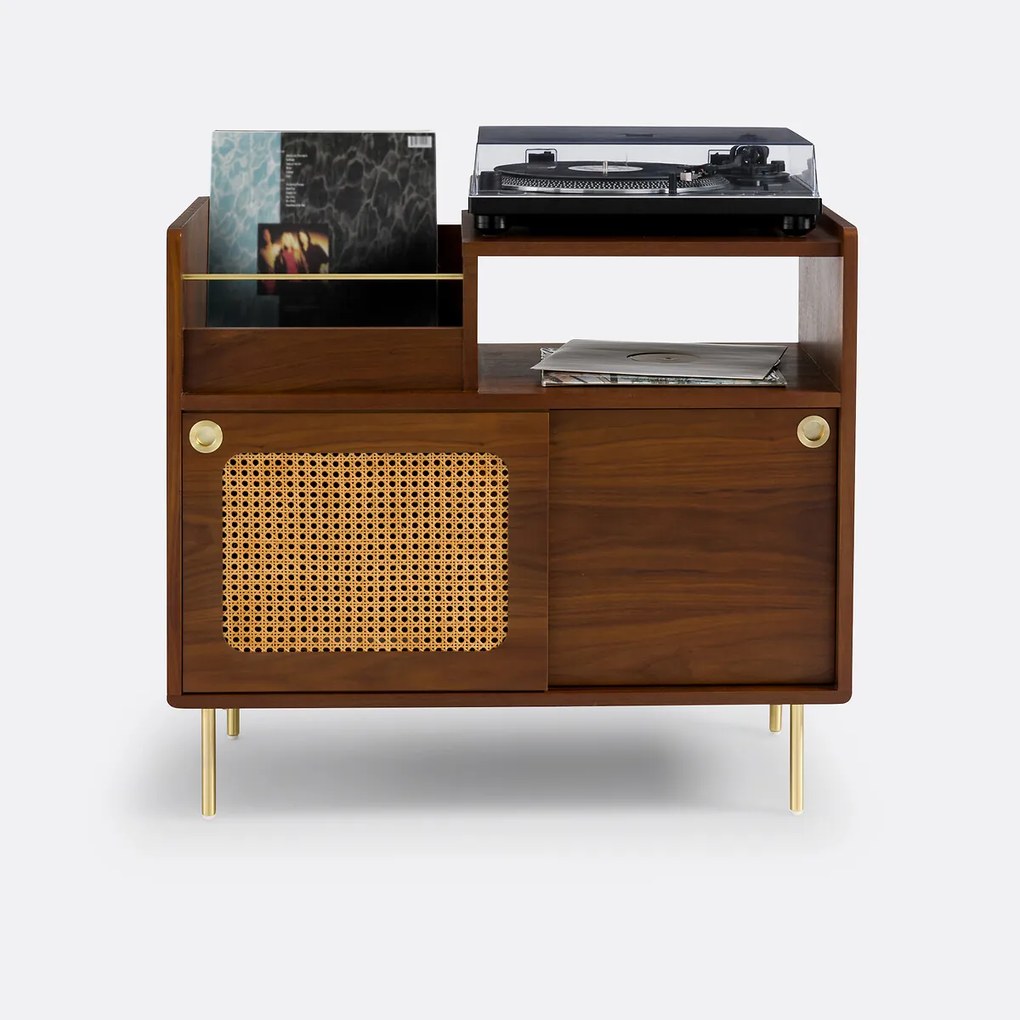 Vinyl meubel in notenhout en vlechtwerk, Redpop