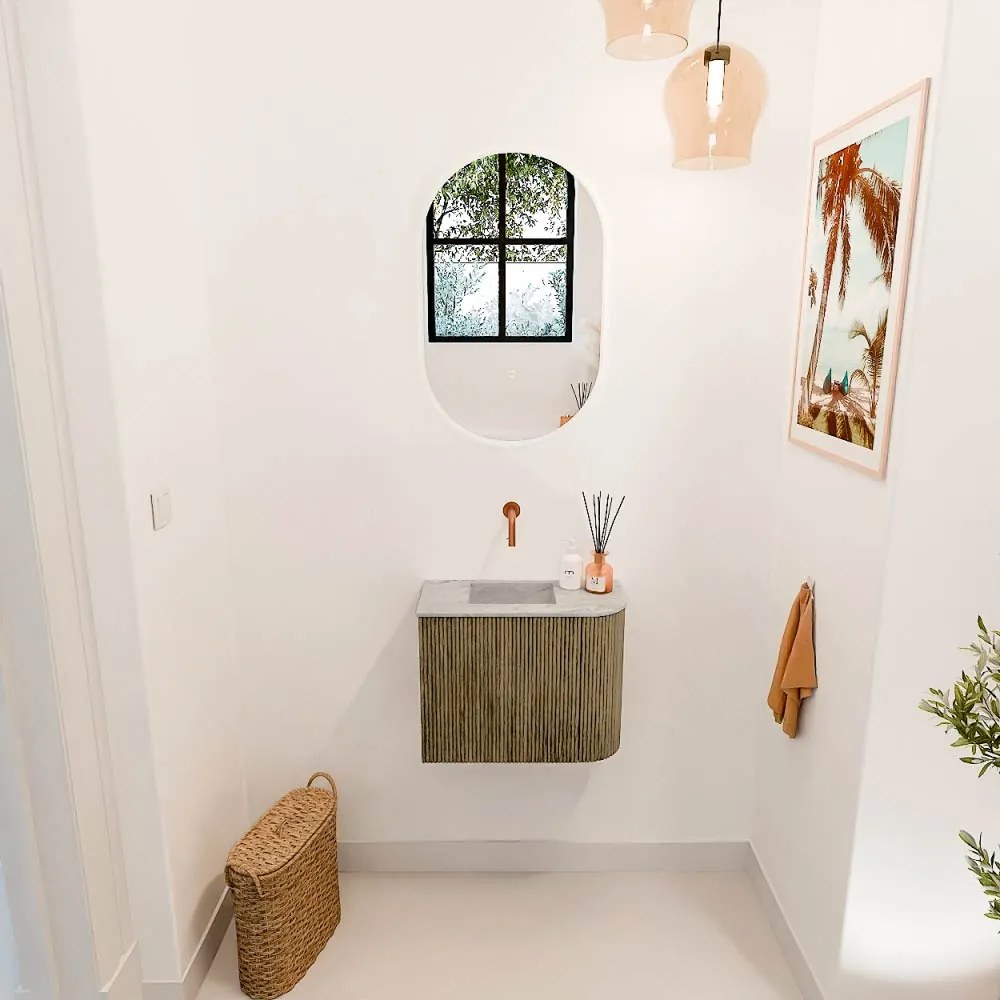 Mondiaz Joya DLux 50cm toiletmeubel ronding rechts dusk met wastafel faye links zonder kraangat glace