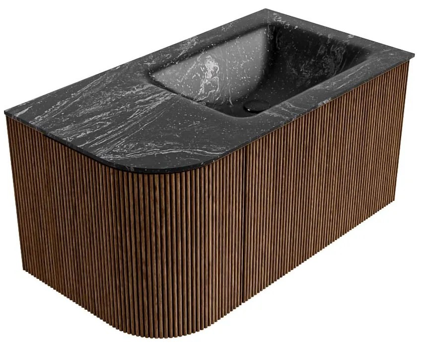 Mondiaz Kurve-dlux 85cm badmeubel ronding links walnut met 1 lade en deur en wastafel cloud kraangat rechts lava