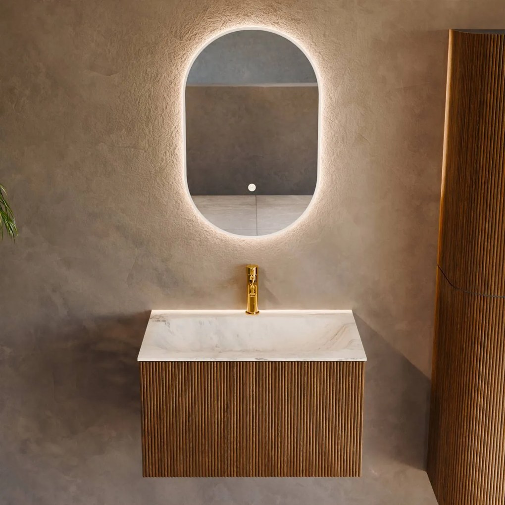 Mondiaz Kurve-dlux 70cm badmeubel dusk met 1 lade en wastafel big small midden 1 kraangat opalo