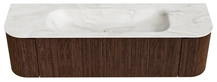 Mondiaz Kurve-dlux 160cm badmeubel ronding links/rechts walnut met 1 lade en 2 deuren en wastafel big medium midden zonder kraangat ostra