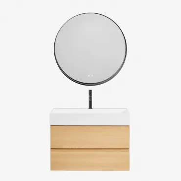 Ona Zwevend Badkamermeubelset Van Hout En Essenfineer Met Geïntegreerde Wastafel Natuurlijk Hout & Round Led And Antifog Zwart Ø80 Cm Kimacs - Sklum