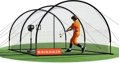 VEVOR honkbal slagkooi (halfrond) net 606x366x250 cm, trainingsnet met 30-laags en geknoopt HDPE-doek en opening voor werpmachines, incl. softbal trainingskooi net