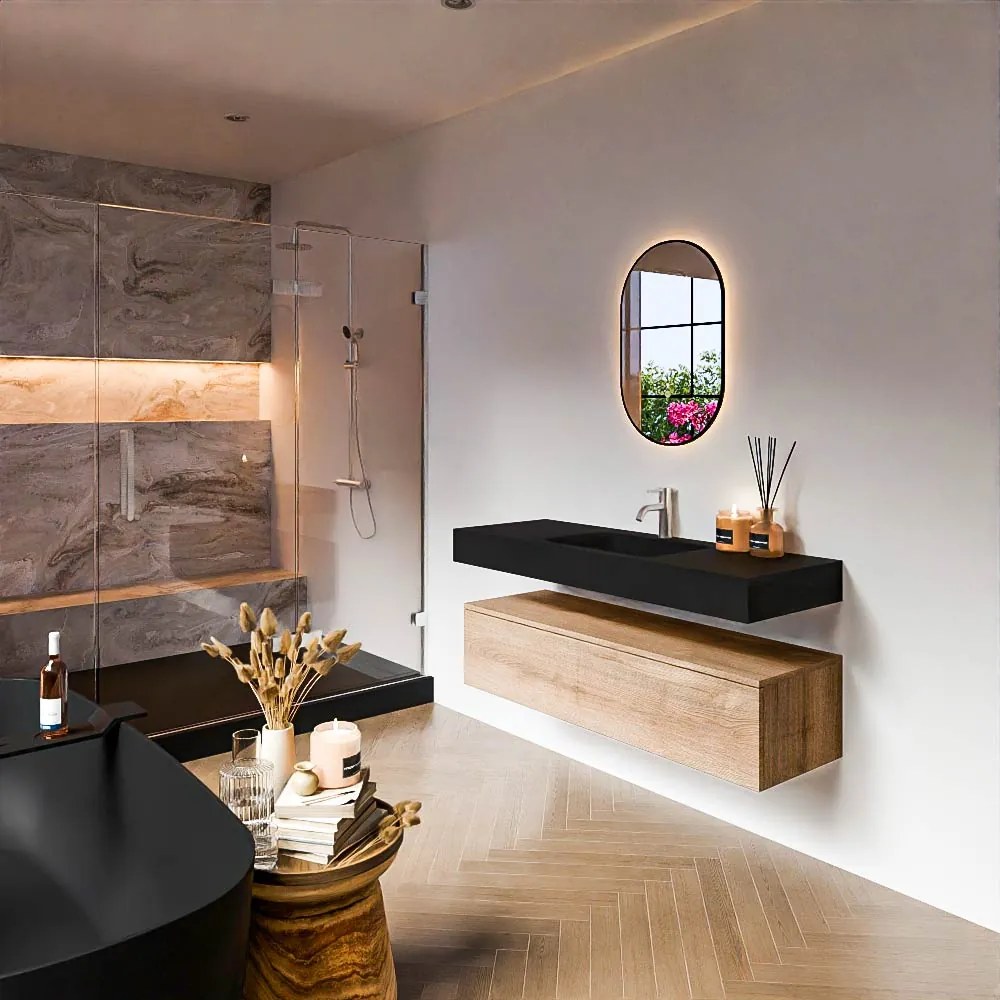 Zaro Alan badmeubel 130cm washed oak 1 lade met vrijhangende wastafel cloud midden 1 kraangat urban