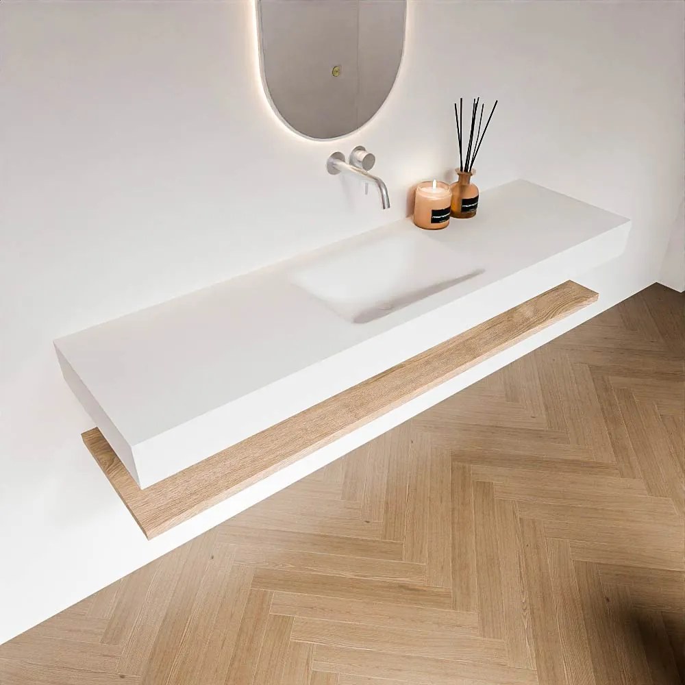 Zaro Alan badmeubel 170cm met planchet washed oak en vrijhangende wastafel cloud midden zonder kraangat talc