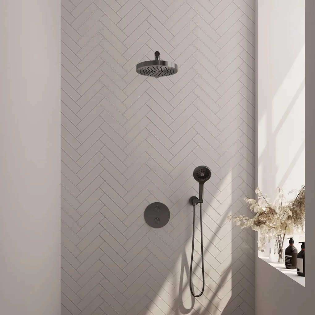 Brauer Stripe inbouw regendouche rond met 25cm hoofddouche, rechte muurarm en 3 standen handdouche set 40 gunmetal geborsteld PVD