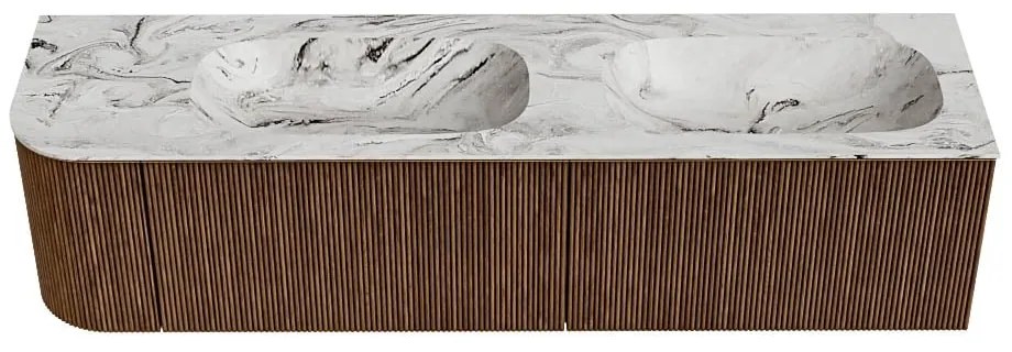 Mondiaz Kurve-dlux 175cm badmeubel ronding links walnut met 2 lades en 1 deur en wastafel stor small dubbel/rechts zonder kraangat glace