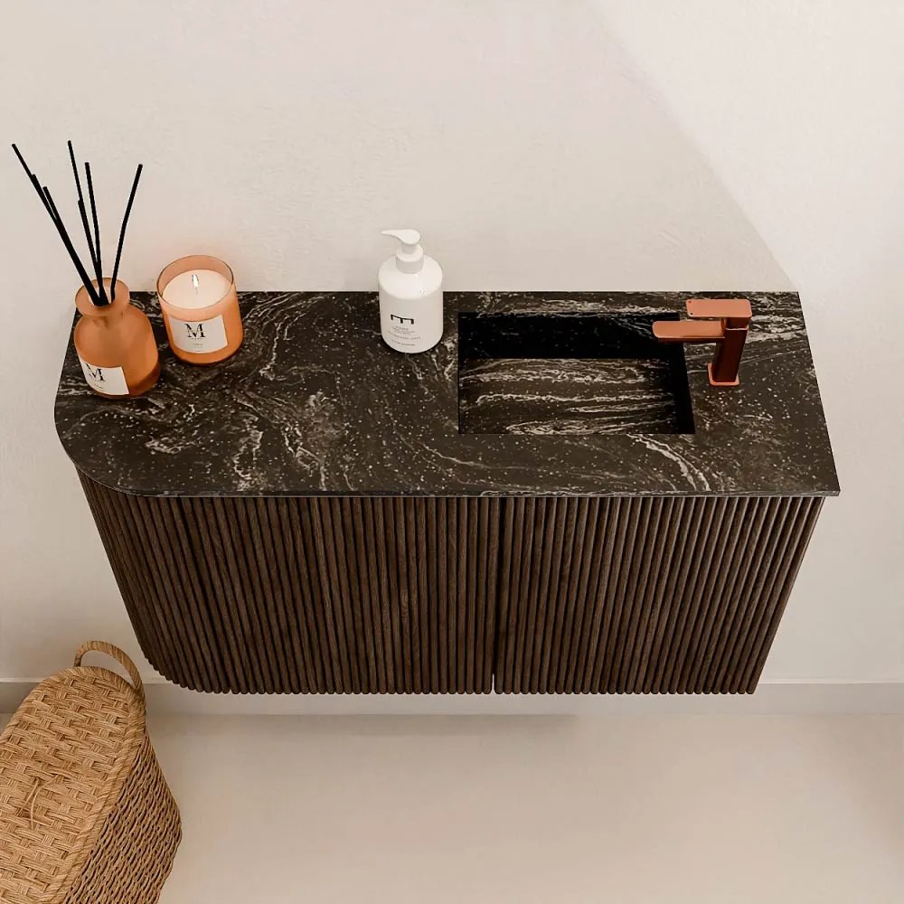Mondiaz Joya DLux 70cm toiletmeubel ronding links walnut met wastafel faye rechts 1 kraangat lava