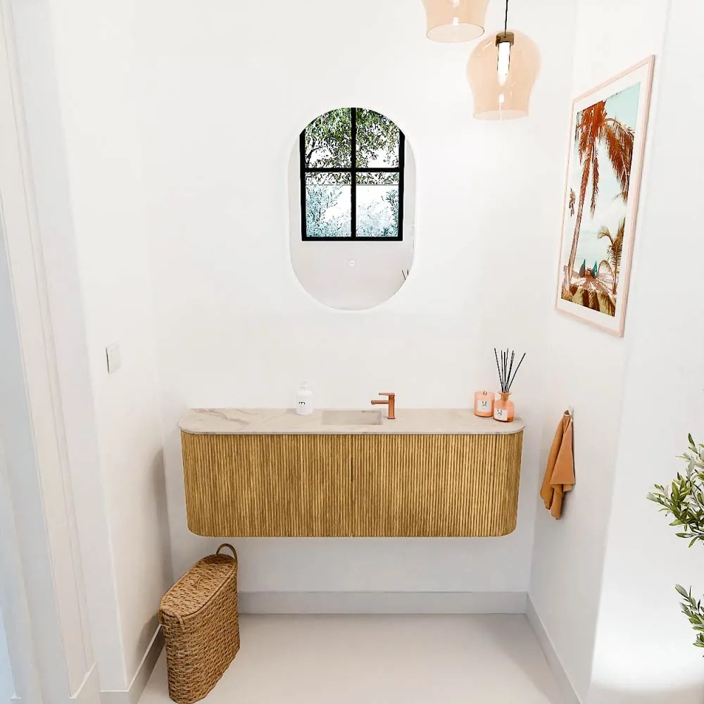 Mondiaz Joya DLux 125cm toiletmeubel ronding links/rechts oak met wastafel faye midden 1 kraangat frappe