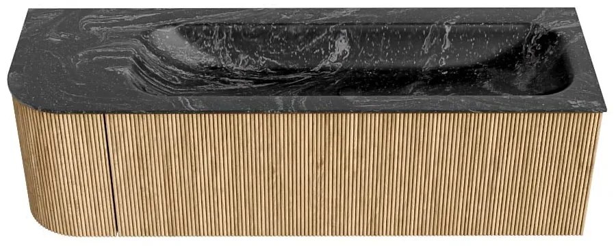Mondiaz Kurve-dlux 145cm badmeubel ronding links oak met 1 lade en deur en wastafel big large kraangat rechts lava