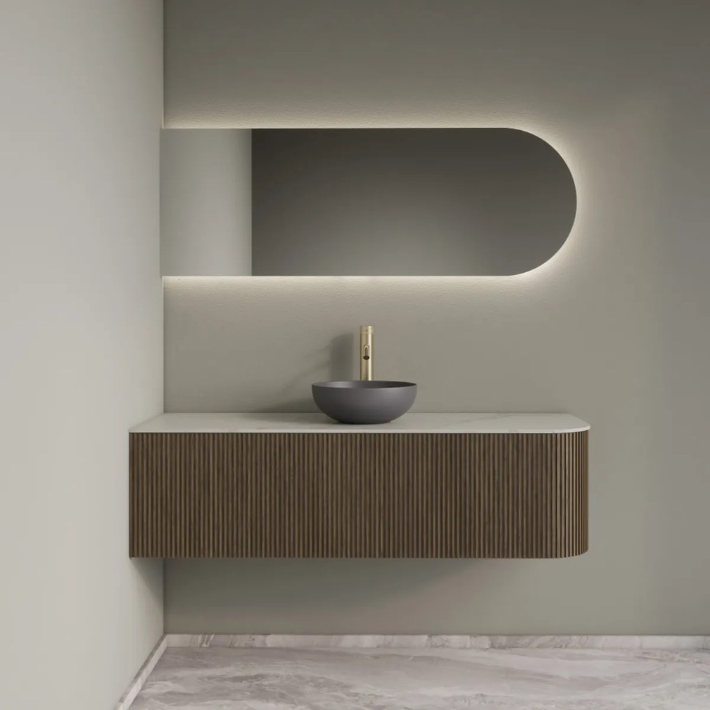 Gliss Design Alluro badmeubel ribbelfront met ronding rechts 140cm ash grey en wit marmer toppaneel