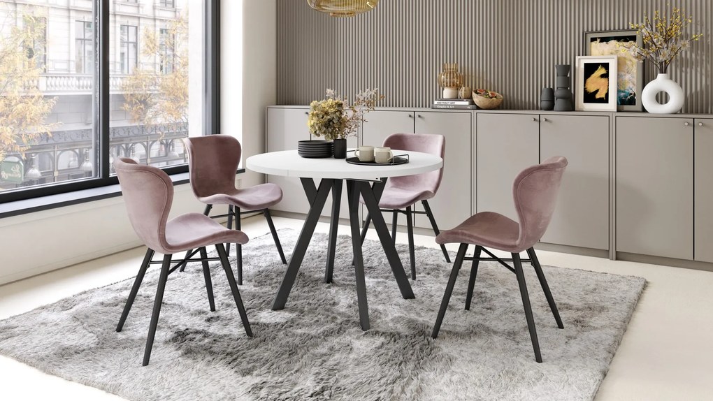 ALMO 100 Wit Mat/Zwarte poten - RONDE LOFT/INDUSTRIËLE TAFEL VOOR WOONKAMER/EETKAMER, UITSCHUIFBAAR