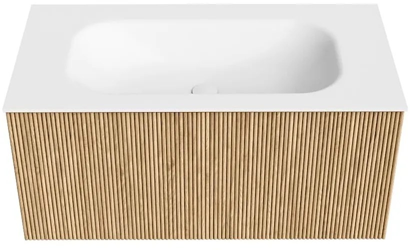 Mondiaz Kurve 90cm badmeubel oak met 1 lade en wastafel big small midden 1 kraangat
