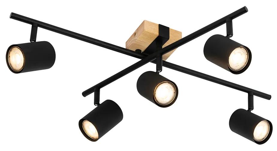 Plafondlamp zwart met hout 5-lichts verstelbaar rechthoekig - Jeana Modern, Industriele / Industrie / Industrial GU10 vierkant Binnenverlichting Lamp
