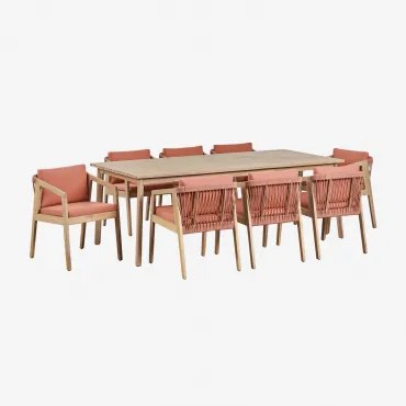 Rechthoekige Eettafelset 220x100 Cm Met 8 Eetkamerstoelen Van Acaciahout En Gevlochten Touw Kaela Lichte Acaciekleur & Stof Terracota - Sklum
