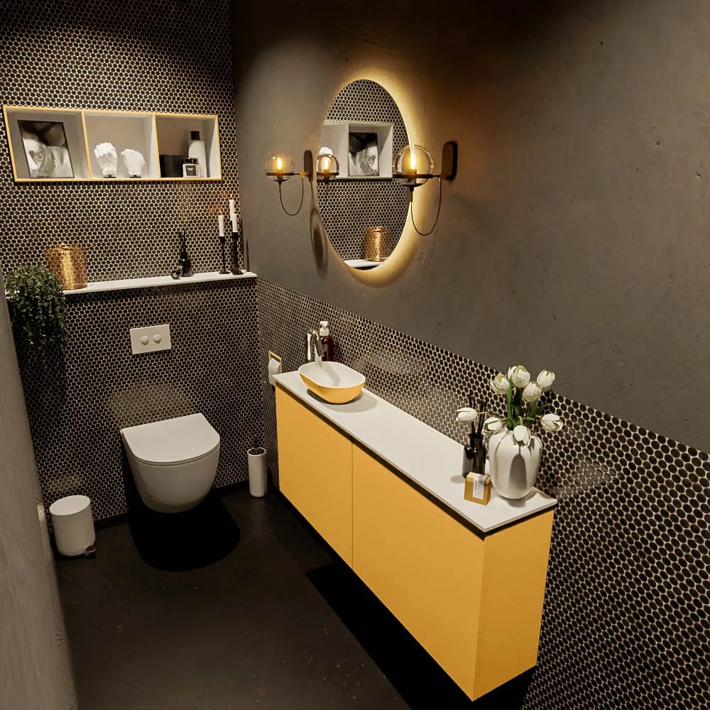 Mondiaz Fowy toiletmeubel 120cm ocher met gele waskom links en kraangat