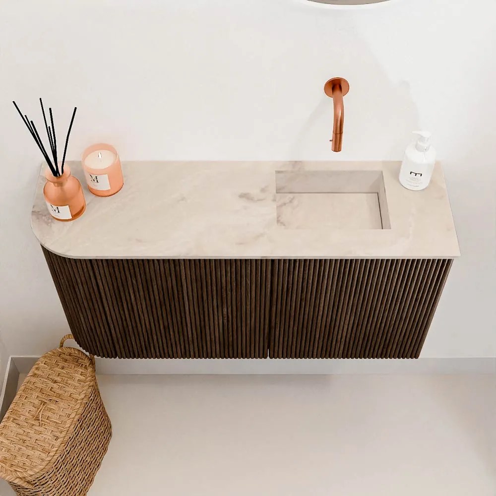 Mondiaz Joya DLux 80cm toiletmeubel ronding links walnut met wastafel faye rechts zonder kraangat frappe