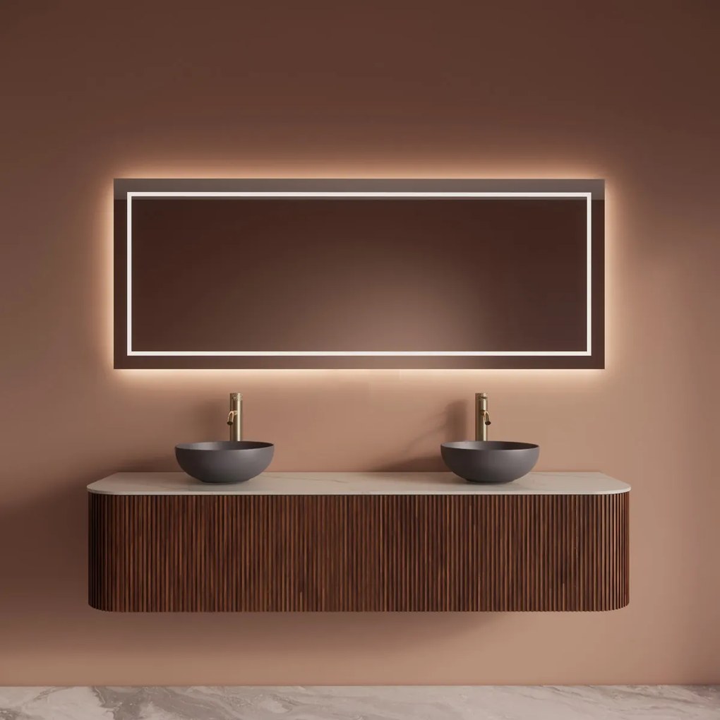Gliss Design Alluro badmeubel ribbelfront met ronding links/rechts 180cm walnut en wit marmer toppaneel