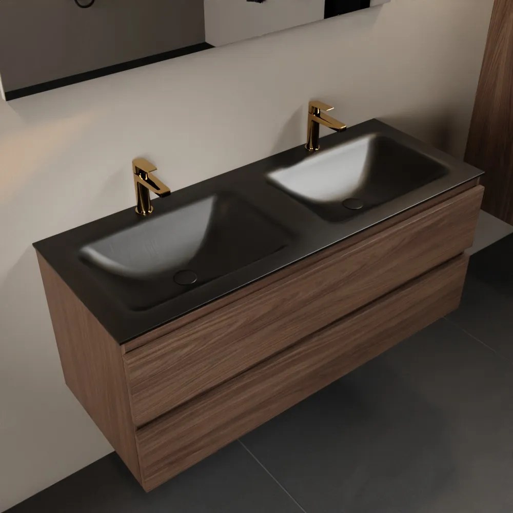 Mondiaz Aivy badmeubel 120cm mocha met wastafel solid surface urban dubbel 2 kraangaten en spiegel