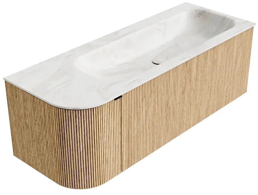 Mondiaz Kurve-dlux 125cm badmeubel ronding links oak met 1 lade en deur en wastafel big medium rechts zonder kraangat ostra