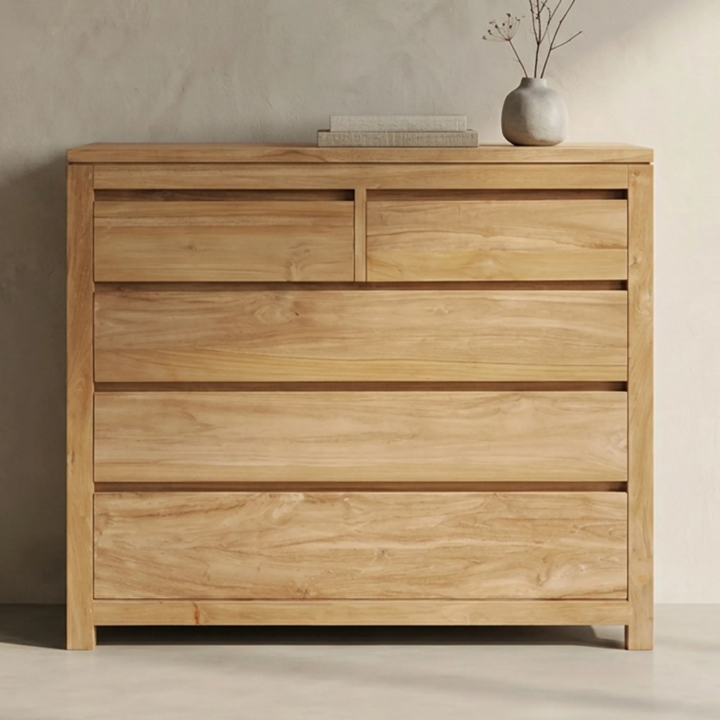 Commode Teakhout Met 5 Lades - 110x50x95cm.