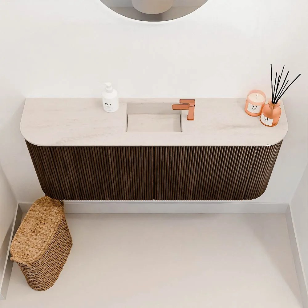 Mondiaz Joya DLux 105cm toiletmeubel ronding links/rechts walnut met wastafel faye midden 1 kraangat meli