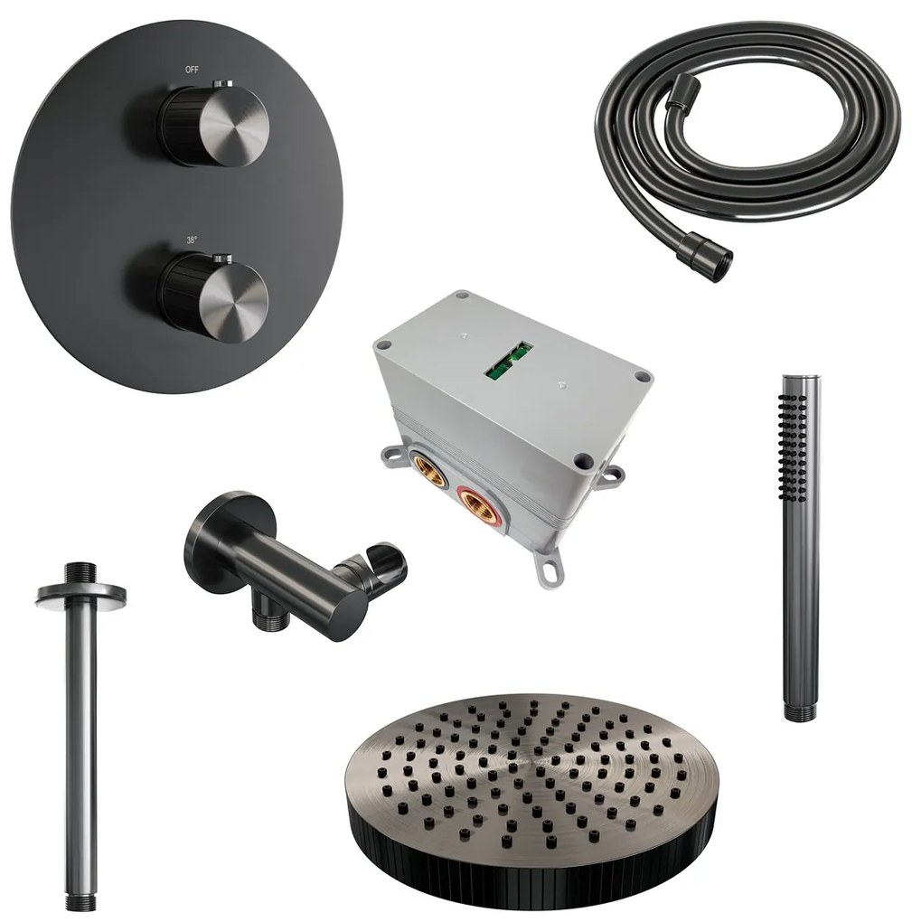 Brauer Stripe inbouw regendouche rond met 25cm hoofddouche, plafondarm en staafhanddouche set 39 gunmetal geborsteld PVD