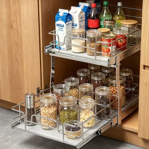 VEVOR Uitschuifbaar Kruidenrek met Dubbele Mand voor Keukenkastje, Schuiflade Kruidenrek, Keukenkast Organizer, Onderkastplank 385x569x483 mm (Installatieafmetingen)