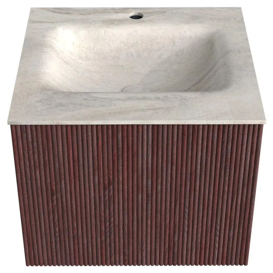 Mondiaz Kurve-dlux 50cm badmeubel ruby met 1 lade en wastafel grunne midden 1 kraangat ostra
