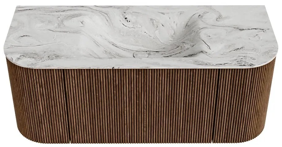 Mondiaz Kurve-dlux 110cm badmeubel ronding links/rechts walnut met 1 lade en 2 deuren en wastafel cloud midden zonder kraangat glace