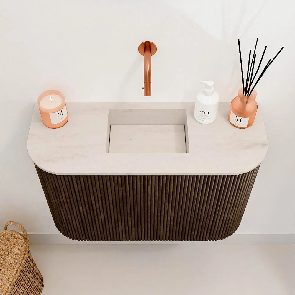 Mondiaz Joya DLux 65cm toiletmeubel ronding links/rechts walnut met wastafel faye midden zonder kraangat meli