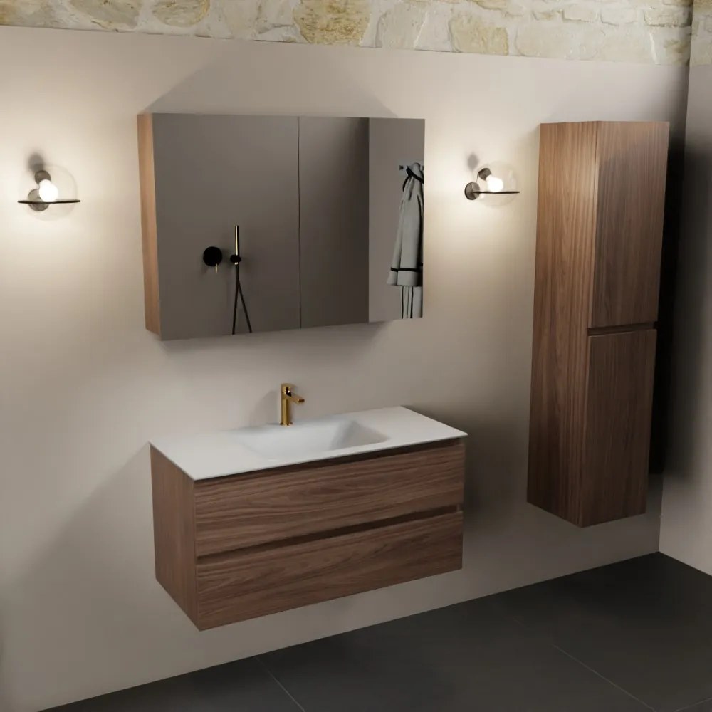 Mondiaz Aivy badmeubel 100cm mocha met wastafel solid surface talc midden 1 kraangat en spiegelkast