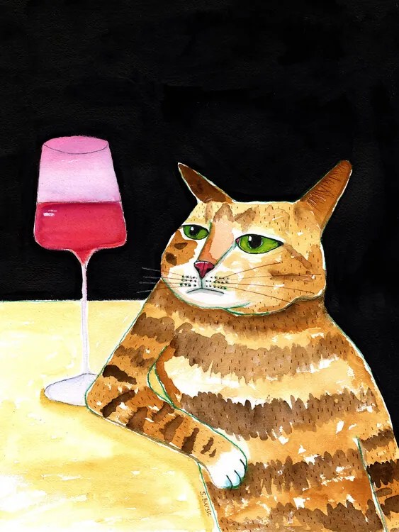 Ilustratie Cat Friday Night Drinks Wine Funny Cat Humour, Sharyn Bursic