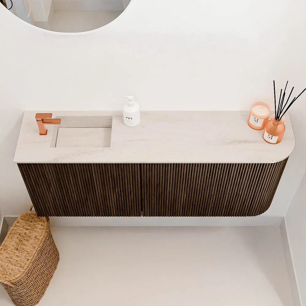 Mondiaz Joya DLux 100cm toiletmeubel ronding rechts walnut met wastafel faye links 1 kraangat meli