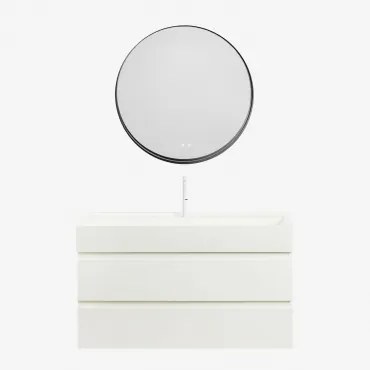 Ona Zwevend Badkamermeubelset Van Hout En Essenfineer Met Geïntegreerde Wastafel Wit & Round Led And Antifog Zwart Ø80 Cm Kimacs & - Sklum